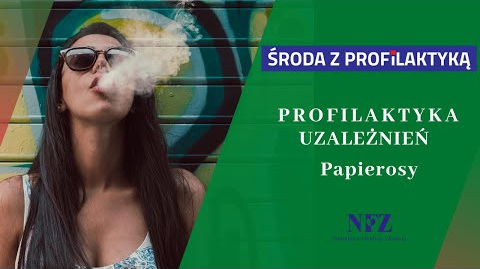 Zdjęcie młodej kobiety wypuszczajacej dym z ust. Z prawej strony napisy: Środa z profilaktyką, Profilaktyka uzależnień, papierosy