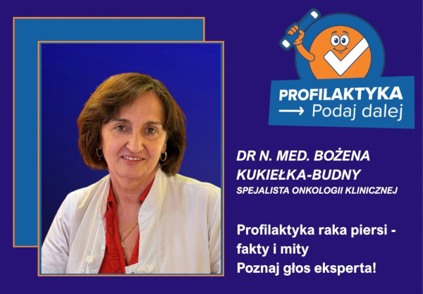 Grafika kampanii „Profilaktyka – Podaj dalej”. Po lewej portret dr n. med. Bożeny Kukiełki-Budny, specjalistki onkologii klinicznej. Po prawej napis: „Profilaktyka raka piersi – fakty i mity. Poznaj głos eksperta!”.