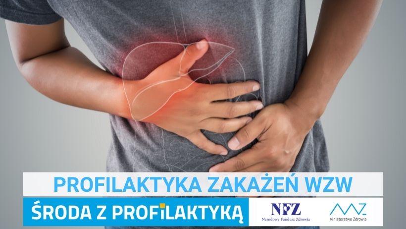 Zdjęcie – mężczyzna  trzyma się za brzuch, zaznaczono graficznie wątrobę. Napis – Profilaktyka cukrzycy ciążowej,  Środa z profilaktyką, logo NFZ i Ministerstwa Zdrowia