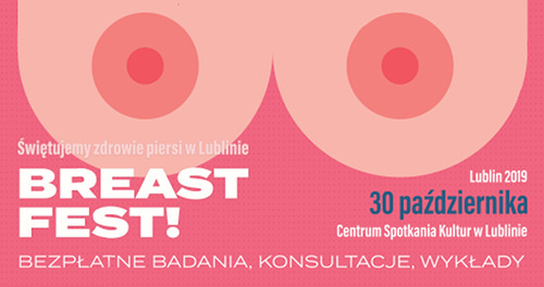 Plakat breast fest, bezpłatne badania, konsultacje, wykady